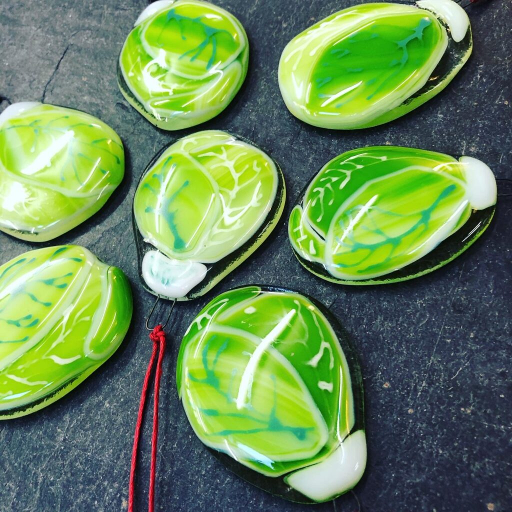 Fused Glass Brussel Sprout Christmas Tree decorations made by Eleanor at Rainbow Glass Studios - a personal favourite!