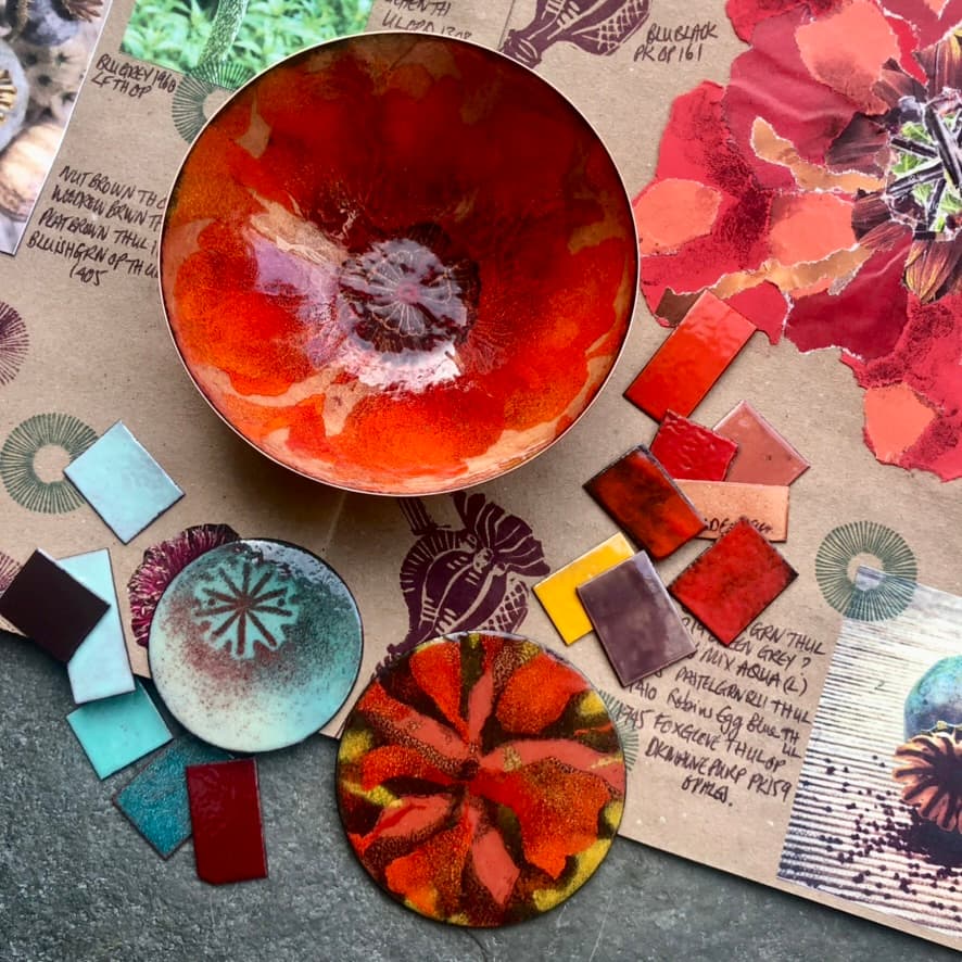 Exploring colours of poppies and seed heads and making enamelled samples at Rainbow Glass Studios