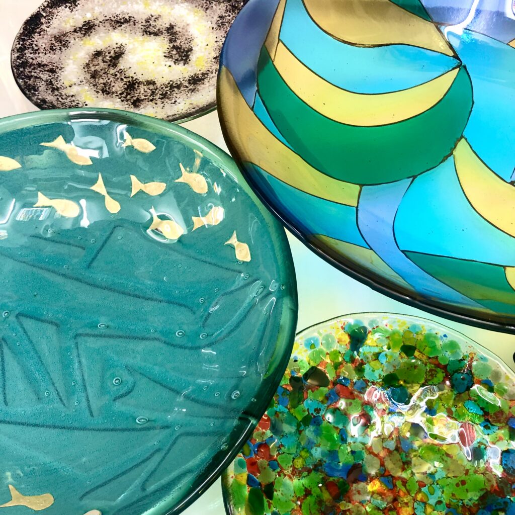 It's all fused glass in a variety of techniques, same basic materials and such different results in these four bowls made at Rainbow Glass Studios on the beginners day course