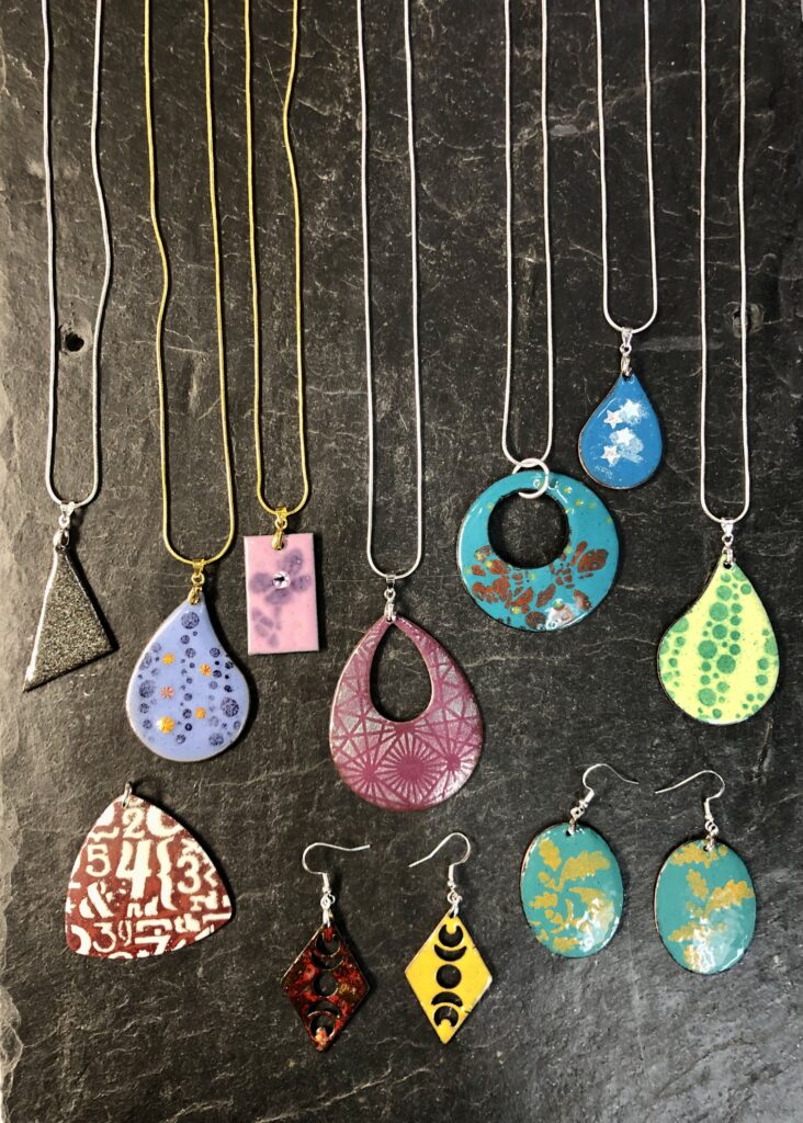 A gallery of enamelled pendants, and earrings made on a day course at Rainbow Glass Studios - what an array of colour, pattern and techniques!