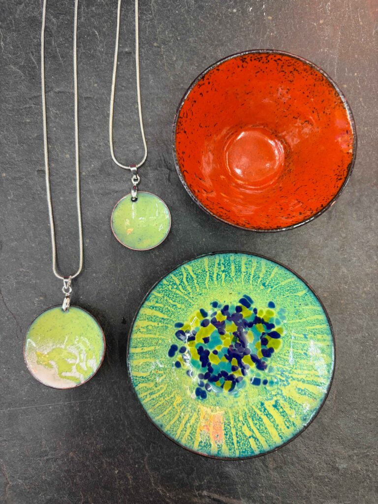 One student's collection of bowls and concave jewellery made on our Intermediate enamelling on copper bowls day course at Rainbow Glass Studios with Eleanor Watson