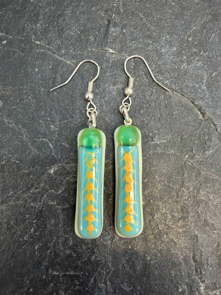 Fused Glass Earrings in cream,, green and turquoise with gold painted details made on the fused glass jewellery for beginners day course at Rainbow Glass Studios